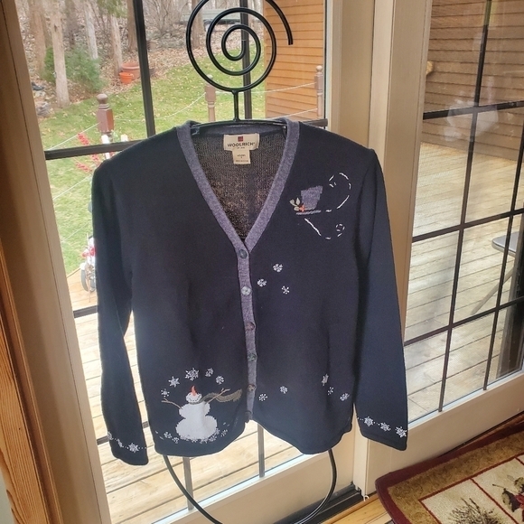 Woolrich Embellished Snowman Wool Black Long Sleeve Sz. S Sweater Cardigan - Picture 2 of 7